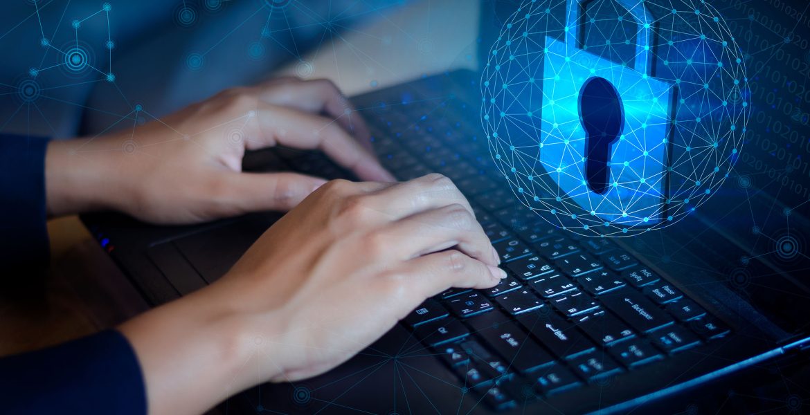 Press enter button on the computer. Key lock security system abstract technology world digital link cyber security on hi tech Dark blue background, Enter password to log in. lock finger Keyboard
